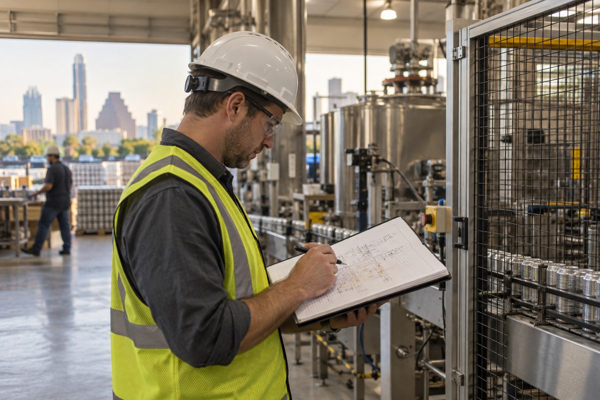 Consultant reviewing a process drawing beside industrial equipment