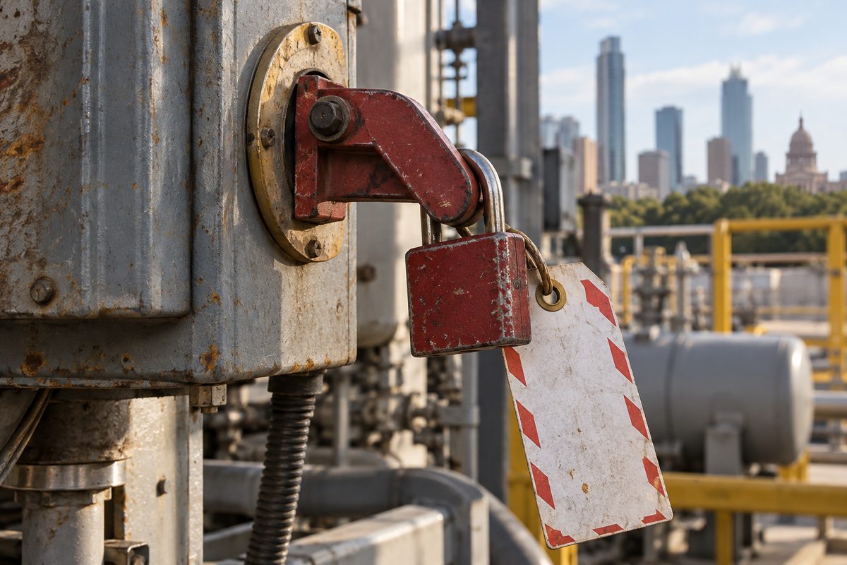 Lockout tag and isolation point on industrial equipment