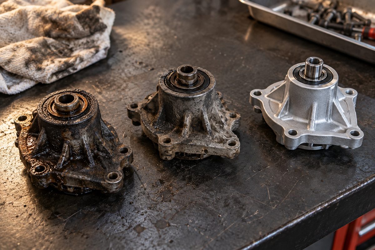 Worn industrial components beside a new comparison component